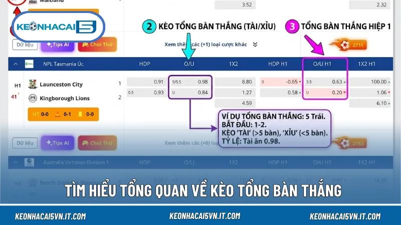 Kèo tổng bàn thắng được xác định dựa trên tổng số bàn thắng của cả hai đội sau 90 phút thi đấu trên sân